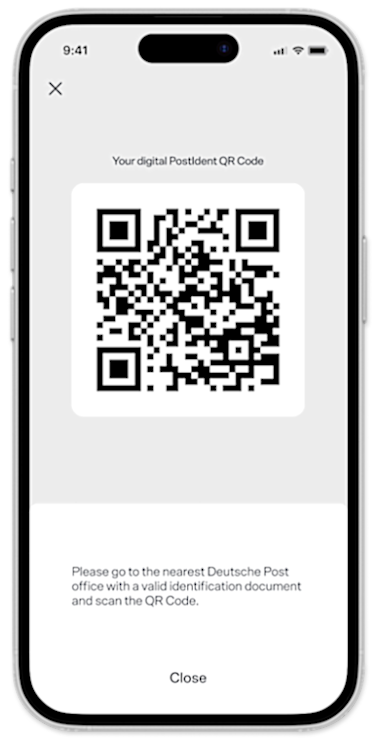 Mobile mockup of PostIdent, showcasing a QR code and the sentence "Please go to the nearest Deutsche Post office with a valid identification document and scan the QR Code".