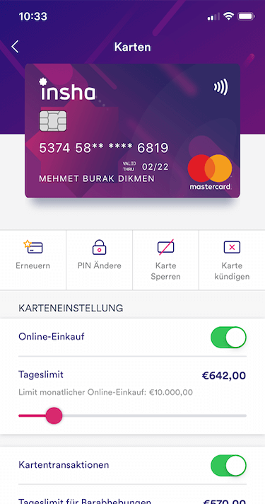 Screenshot einer mobilen App, die eine virtuelle Karte und die Aufforderung an den Nutzer zeigt, sein tägliches Transaktionslimit festzulegen.