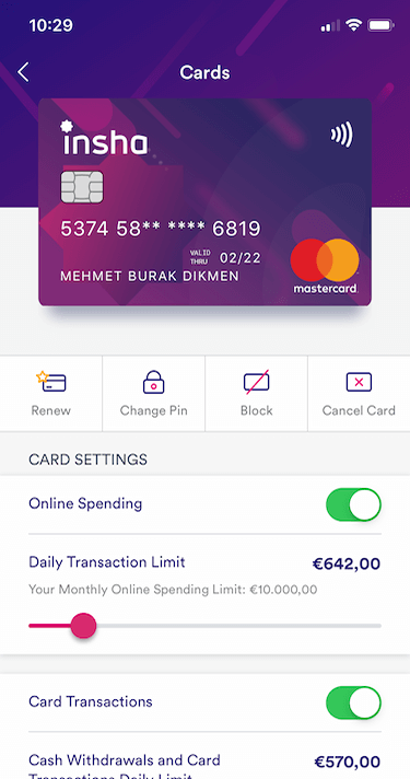 Screenshot of a mobile app showing a virtual card and a prompt for the user to set their daily transaction limit.
