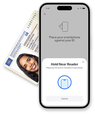 Mobile mockup of eID procedure, with an identity document in the background.