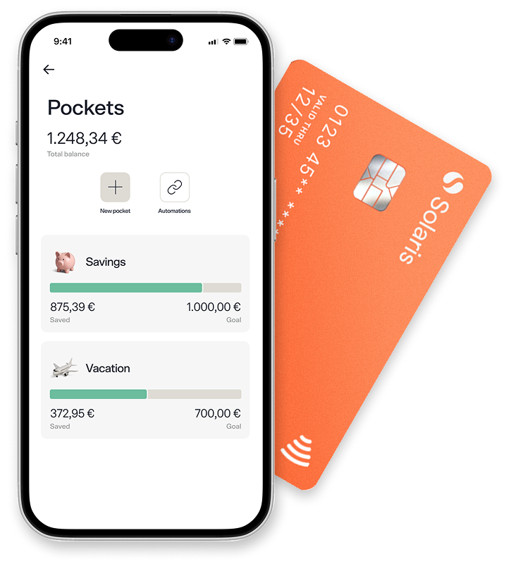 Mobile mockup of sub-accounts (pockets). On the background, a Solaris card.