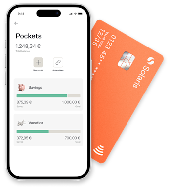 Mobile mockup of sub-accounts (pockets). On the background, a Solaris card.