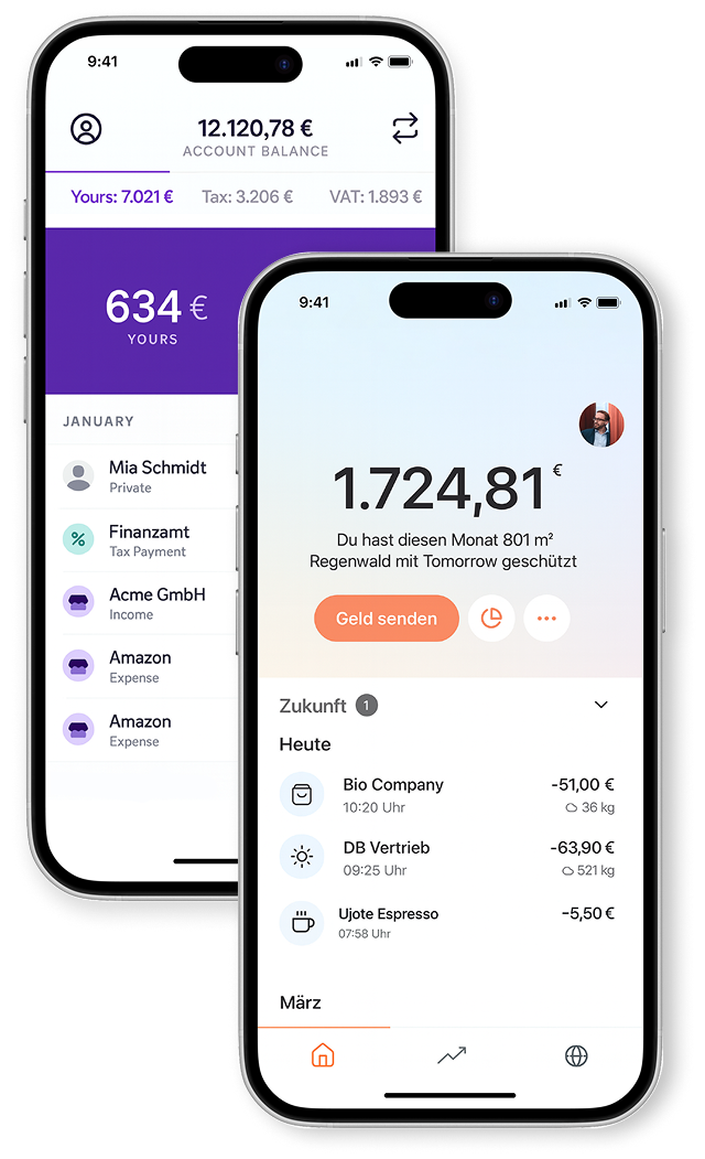 Two mockups of mobiles displaying bank accounts from Kontist and Tomorrow.