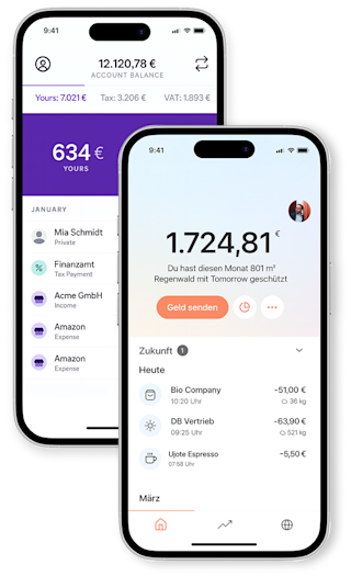 Two mockups of mobiles displaying bank accounts from Kontist and Tomorrow.