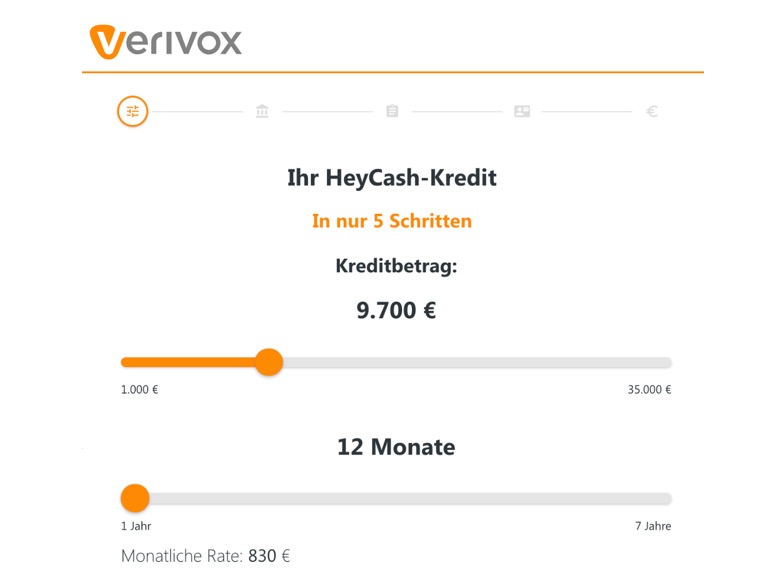 Screenshot showing a virtual user journey in a desktop and mobile apps, where the user selects a credit amount and repayment period.