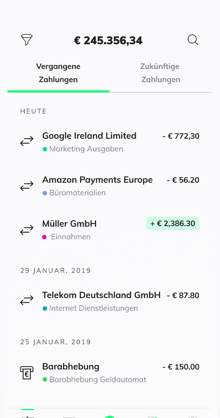 Screenshot einer mobilen App, die eine Übersicht über die Transaktionen eines Bankkontos mit einer Liste der täglichen Ausgaben anzeigt.