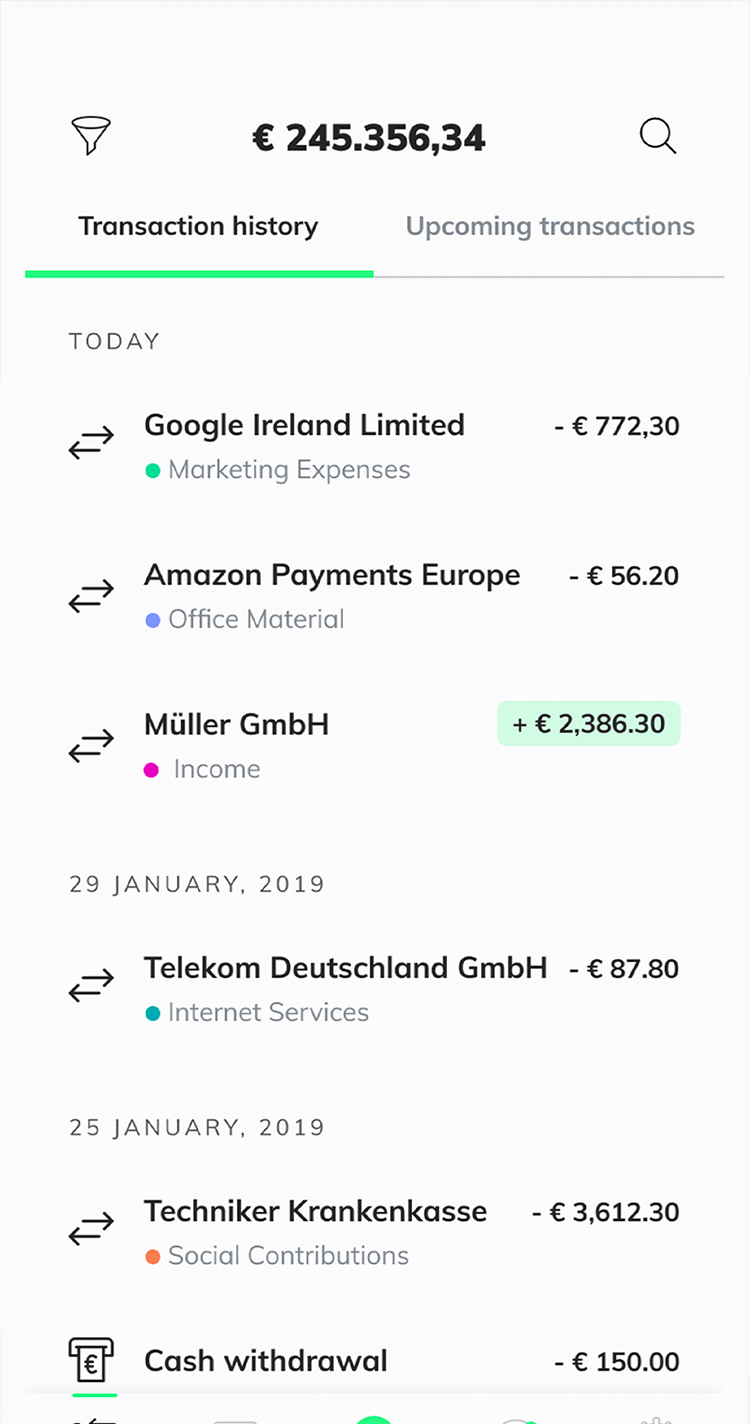 Screenshot of a mobile app displaying a bank account’s transactions overview, showing a list of daily expenditures.