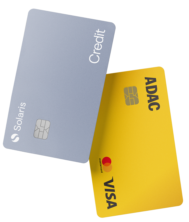 Two cards mockups. Behind, ADAC's yellow credit card. In front, a grey Solaris credit card.