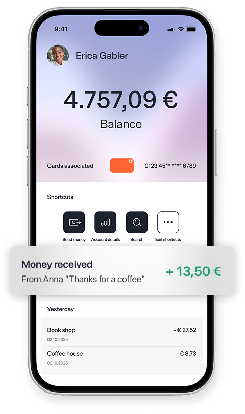 A digital mockup of a customer's bank account with balance, action buttons and transactions, highlighting a "money received" notification.