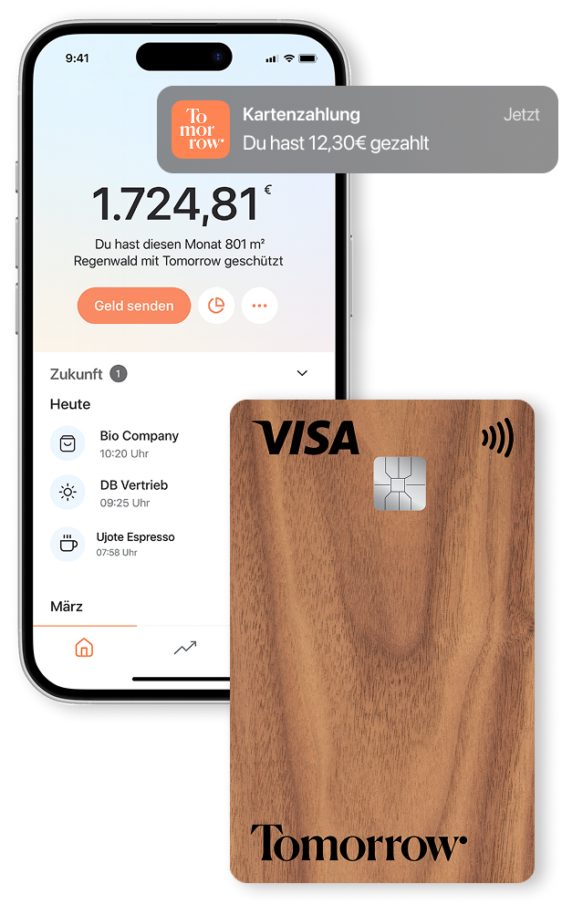 A digital mockup of a mobile screen displaying a bank account with balance, last transactions, and a "send money" button, overlaid with a Tomorrow physical card image.