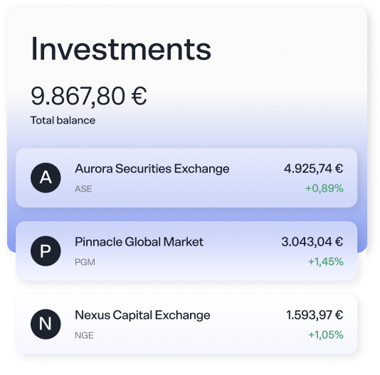 A graphic representation of a person's investments, with elements such as total balance and three different fictitious stock assets.