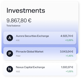 A graphic representation of a person's investments, with elements such as total balance and three different fictitious stock assets.