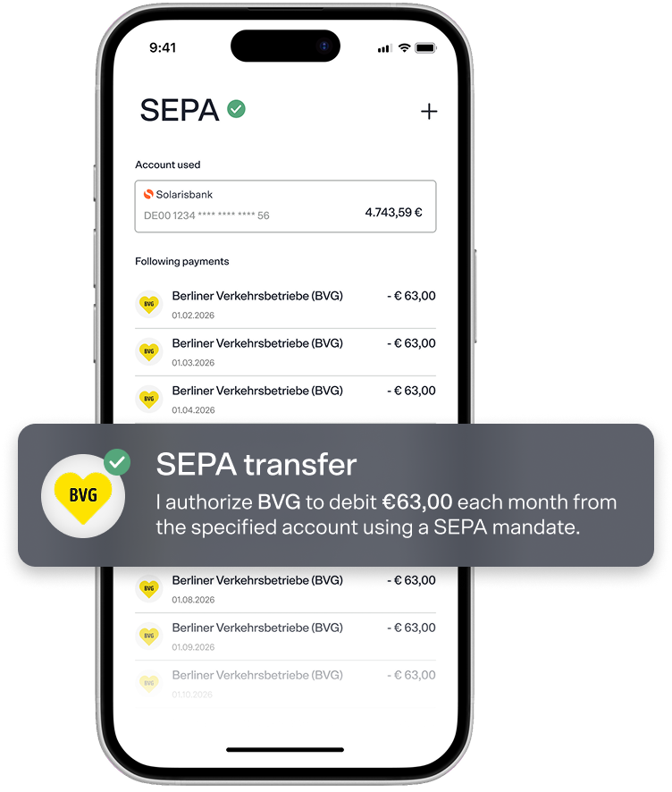 A digital mockup of a customer's "SEPA Direct Debit" screen, highlighting a notification regarding the permission of a BVG SEPA mandate.