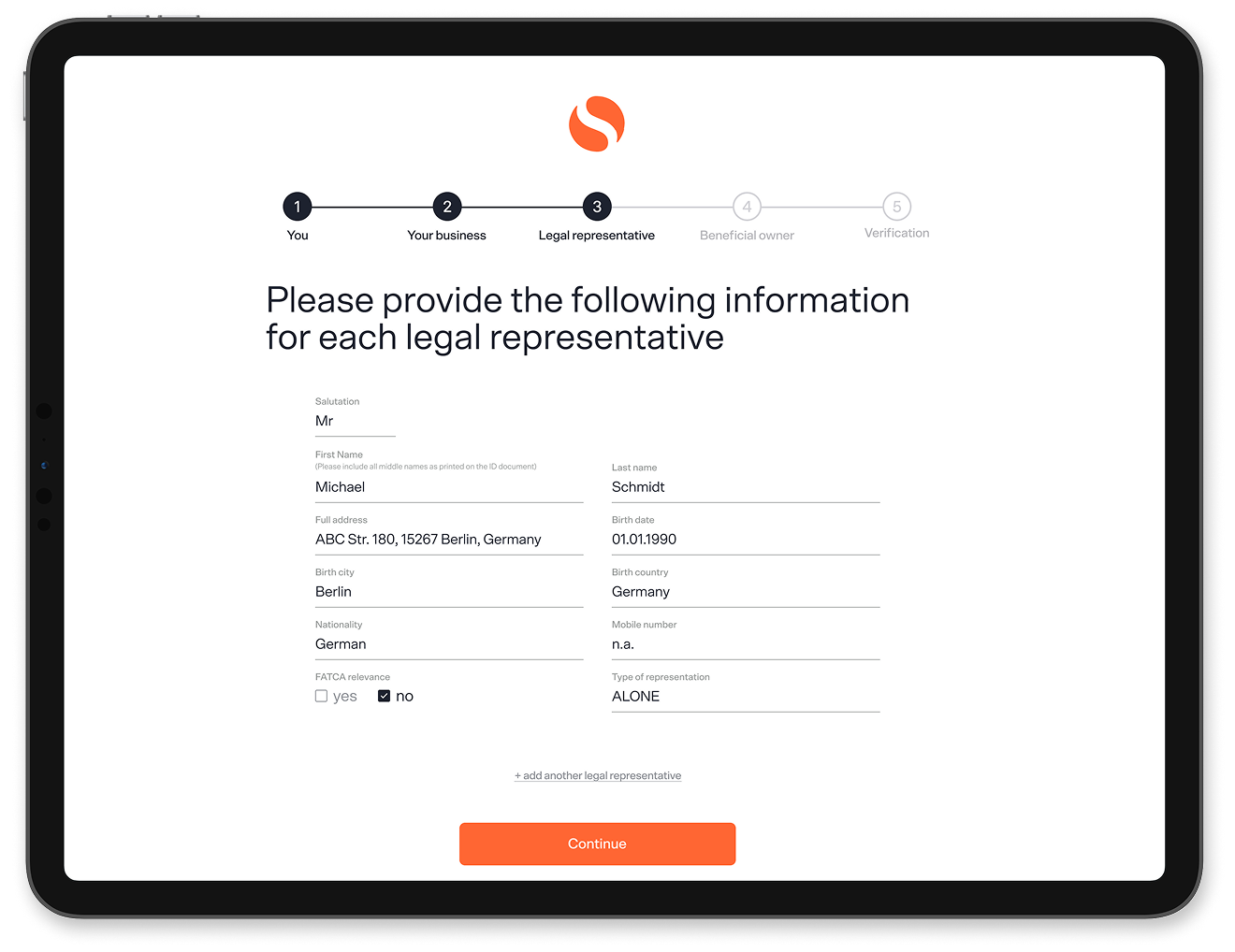 Tablet mockup of KYB process, third step, which states "please provide the following information for each legal representative".