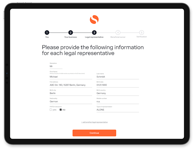 Tablet mockup of KYB process, third step, which states "please provide the following information for each legal representative".