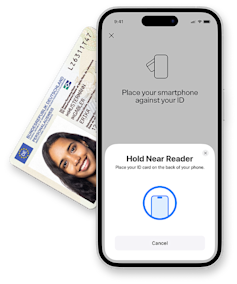 Mobile mockup of eID procedure, with an identity document in the background.