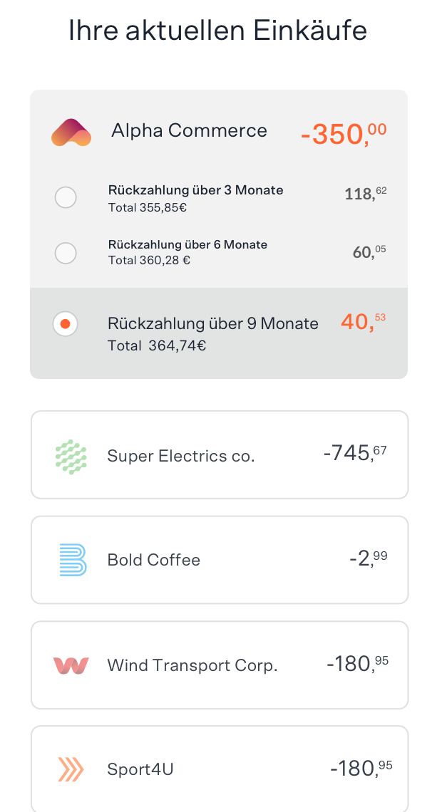 Ein mobiler Bildschirm zeigt eine Liste der letzten Einkäufe des Nutzers an. Der Nutzer hat die Option „In 9 Monaten bezahlen“ gewählt, was bedeutet, dass er sich dafür entschieden hat, einen Kauf in Raten zu bezahlen.