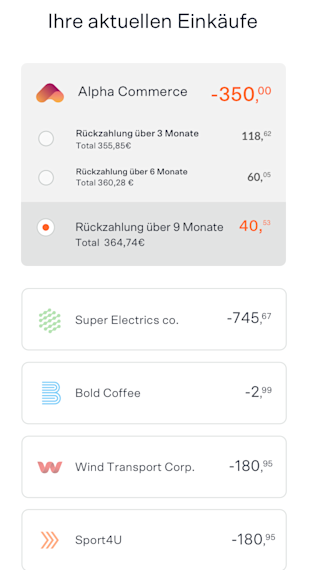 Ein mobiler Bildschirm zeigt eine Liste der letzten Einkäufe des Nutzers an. Der Nutzer hat die Option „In 9 Monaten bezahlen“ gewählt, was bedeutet, dass er sich dafür entschieden hat, einen Kauf in Raten zu bezahlen.