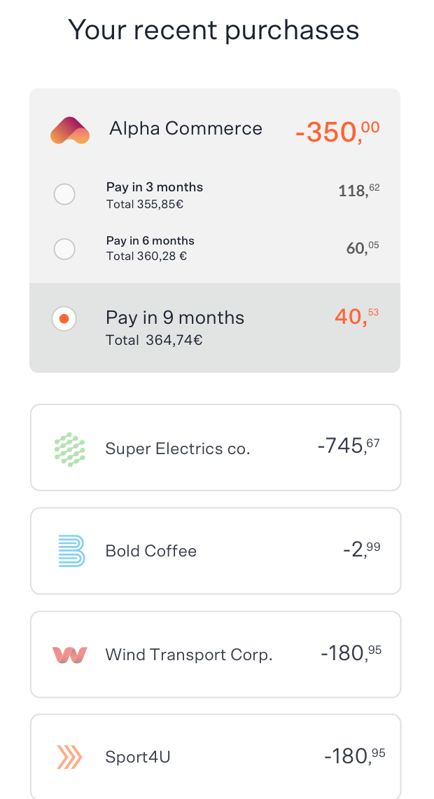 A mobile screen displays a list of the user's recent purchases. The user selected to "Pay in 9 months", indicating the used opted to convert a purchase into installments.