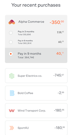 A mobile screen displays a list of the user's recent purchases. The user selected to "Pay in 9 months", indicating the used opted to convert a purchase into installments.