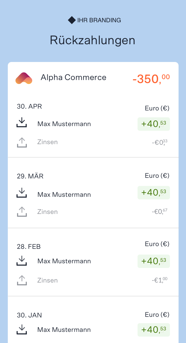 Ein mobiler Screenshot zeigt eine Liste der vollständig zurückgezahlten Raten an, die jeweils das Zahlungsdatum, den Betrag und die gezahlten Zinsen enthalten.