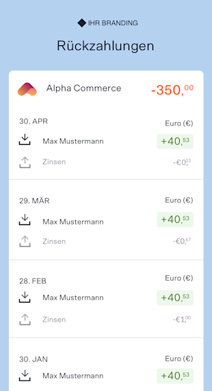 Ein mobiler Screenshot zeigt eine Liste der vollständig zurückgezahlten Raten an, die jeweils das Zahlungsdatum, den Betrag und die gezahlten Zinsen enthalten.