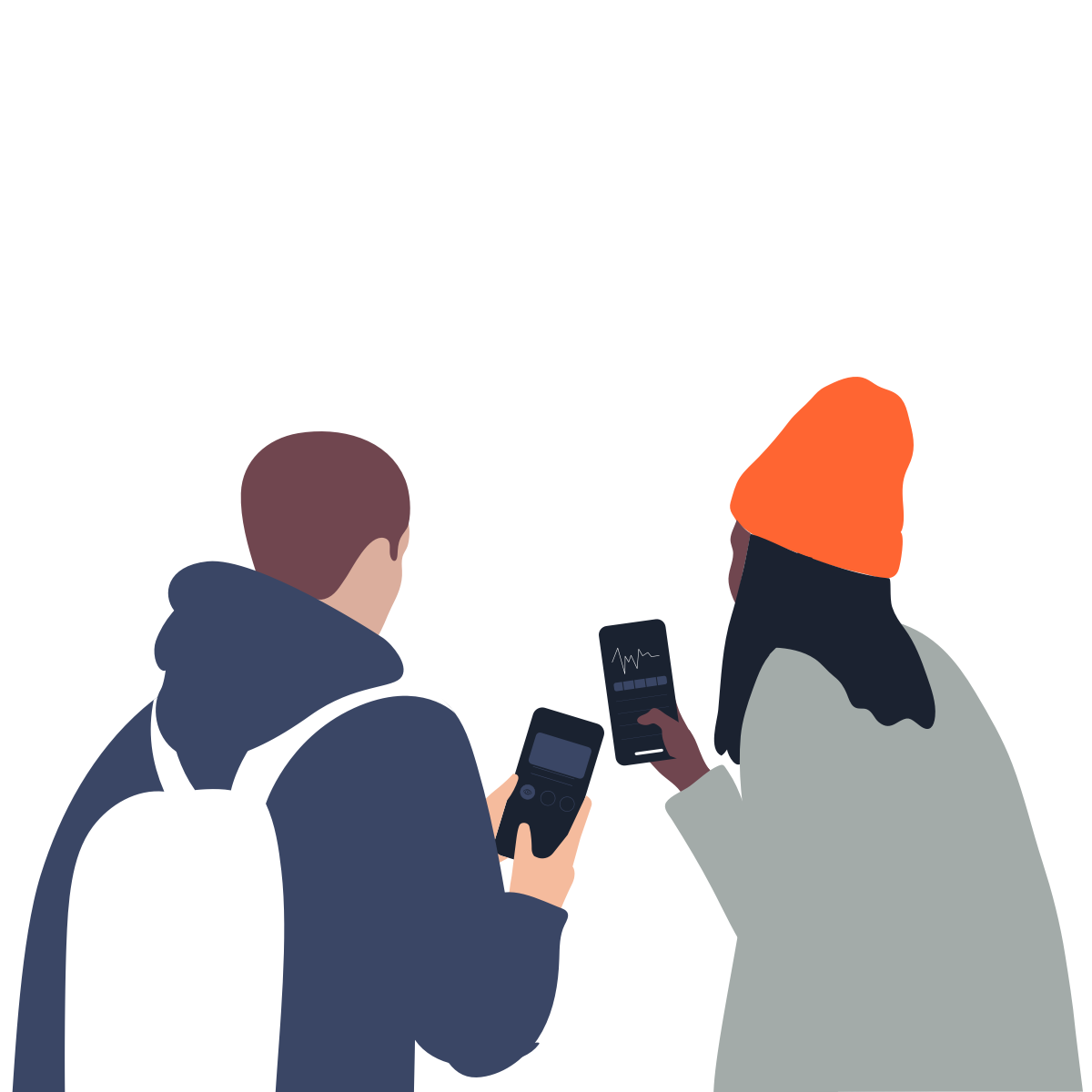 A man and a woman are seen from behind. They are both holding their phones and looking at the screens. One screen shows a digital wallet, and the other shows an investment portfolio graph.