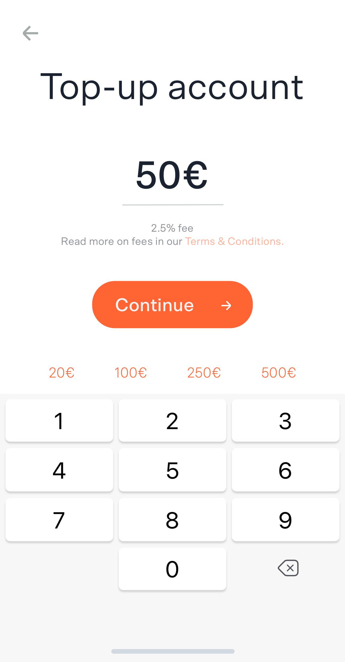 Screenshot of a mobile app screen prompting the user to enter a top-up amount for their account.
