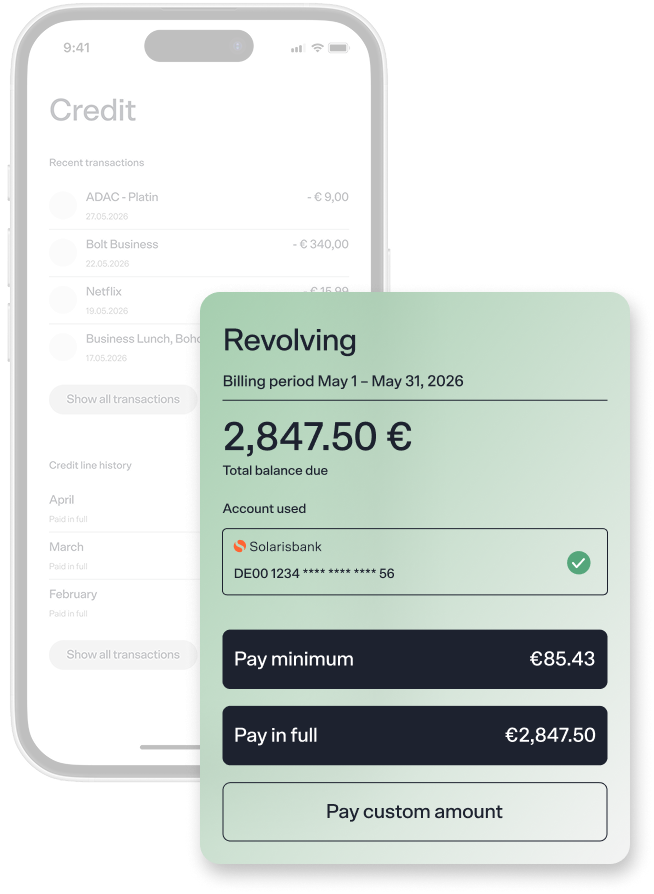 Visual element to represent revolving payment. In the mockup, the user can see two options for repayment: "Pay minimum" and "Pay in full". 