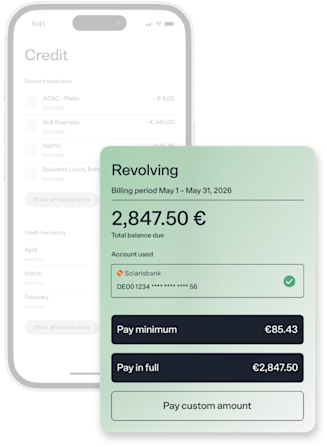 Visual element to represent revolving payment. In the mockup, the user can see two options for repayment: "Pay minimum" and "Pay in full".