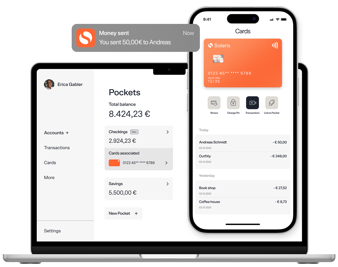A digital mockup of a company’s financial dashboard showing total account balances on a laptop screen, overlaid with a mobile app interface displaying credit card details and recent transactions.