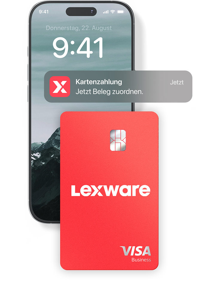 Mobile mockup displaying a card payment notification. In front, a Lexware card mockup.