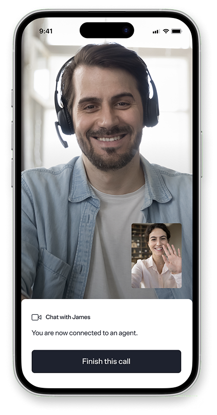 Mobile mockup of live agent talking to user to run the identification procedure.