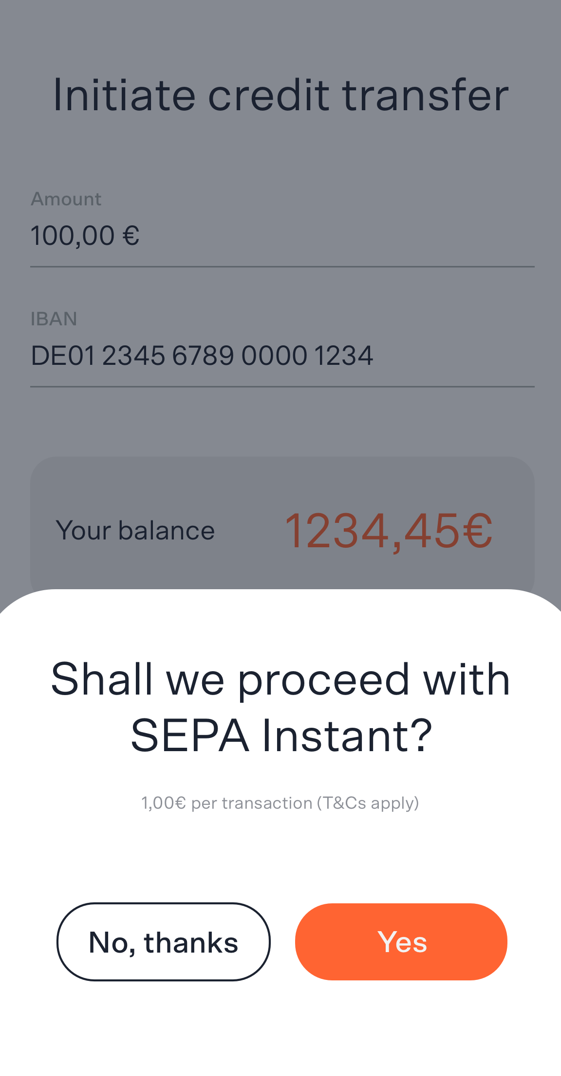 Screenshot of a mobile app screen prompting the user to confirm a SEPA Instant transfer after entering the amount and IBAN details.