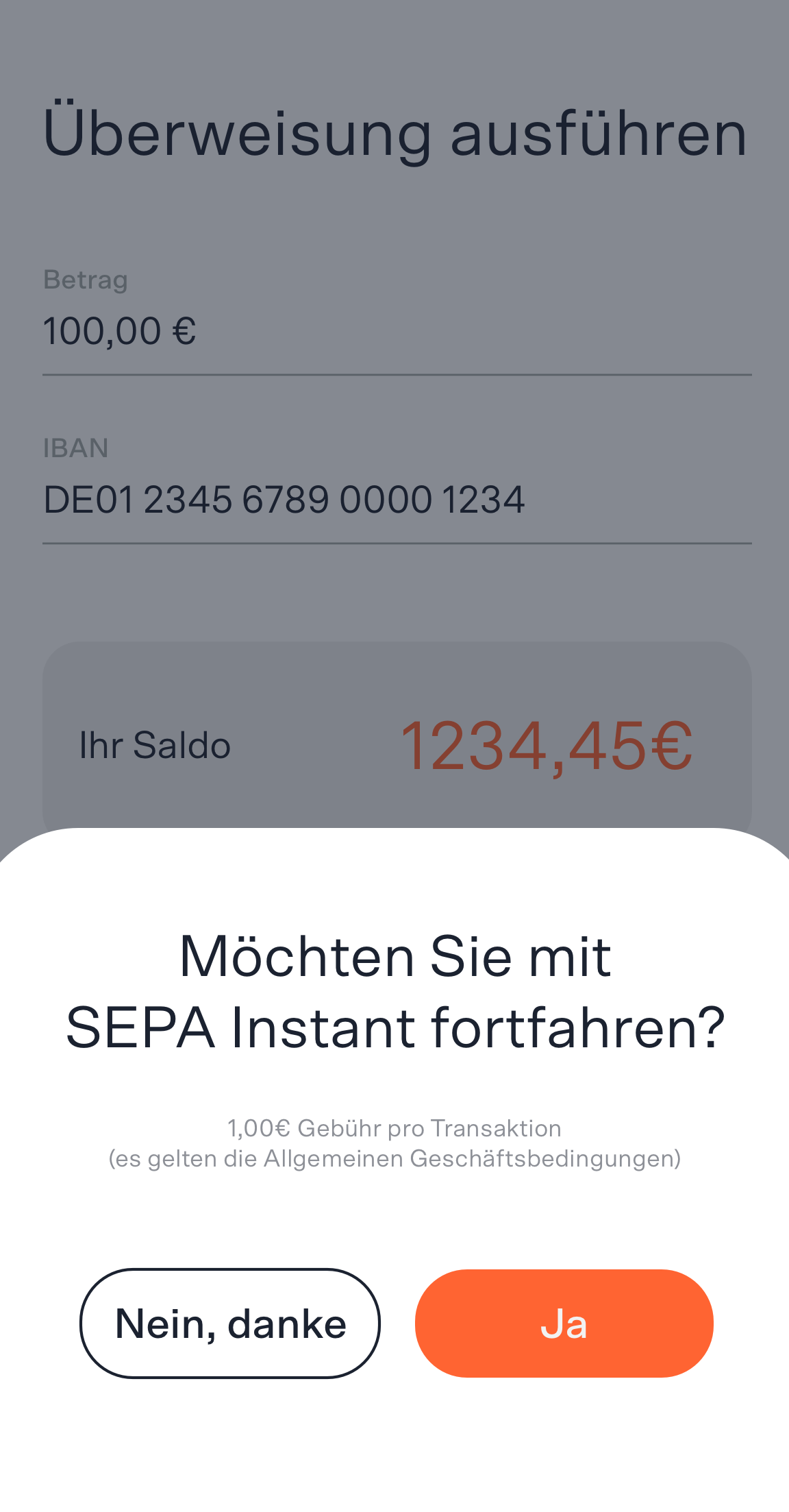 Screenshot einer mobilen App, die den Nutzer auffordert, eine SEPA-Sofortüberweisung zu bestätigen, nachdem er den Betrag und die IBAN-Daten eingegeben hat.