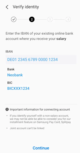 Screenshot of a mobile app screen showing a step in the customer identification process where the user is prompted to enter their bank account details.