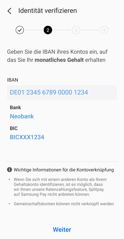 Screenshot eines Bildschirms einer mobilen App, der einen Schritt im Kundenidentifizierungsprozess zeigt, bei dem der Nutzer aufgefordert wird, seine Kontodaten einzugeben.
