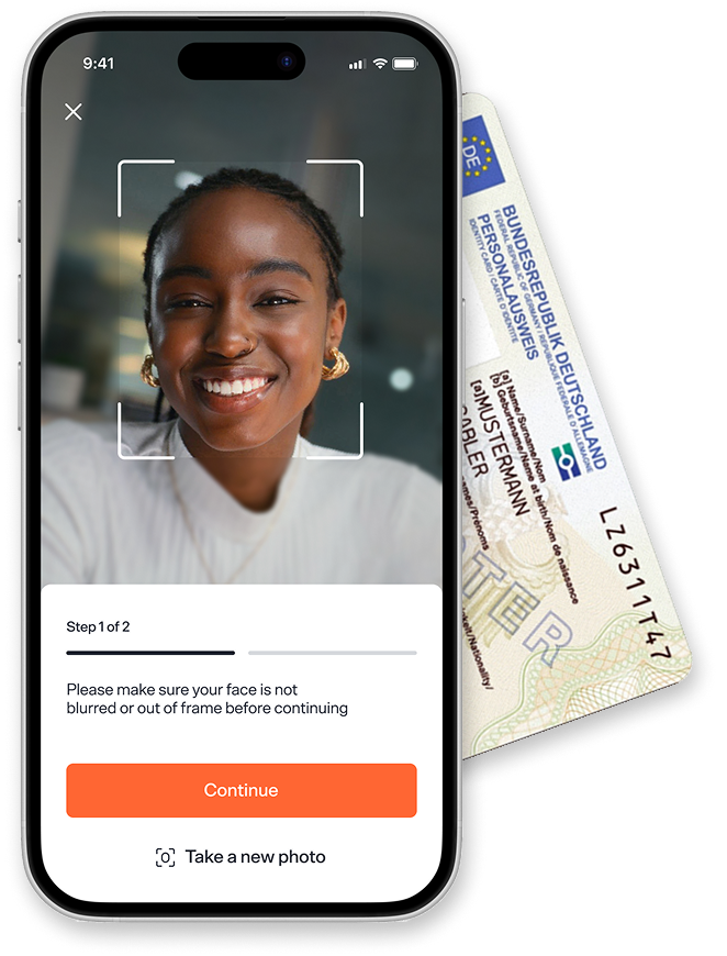 Mobile mockup of woman taking a picture to identify herself. On the background, a German identification document.
