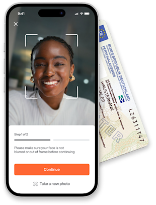 Mobile mockup of woman taking a picture to identify herself. On the background, a German identification document.
