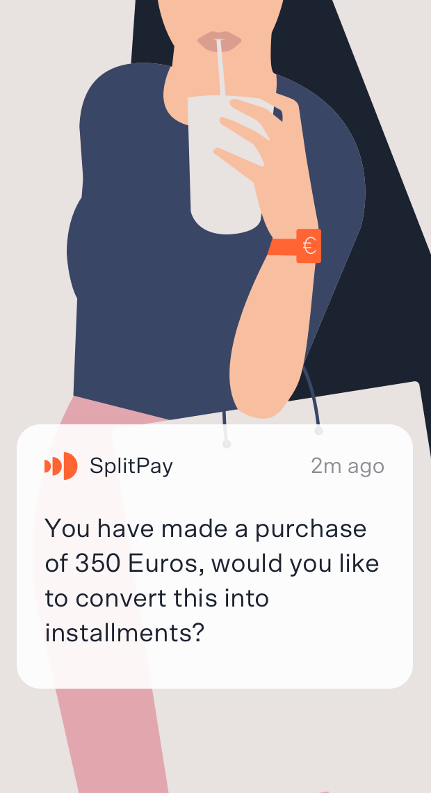 A user receives a mobile notification prompting them to convert a recent purchase into monthly installments.
