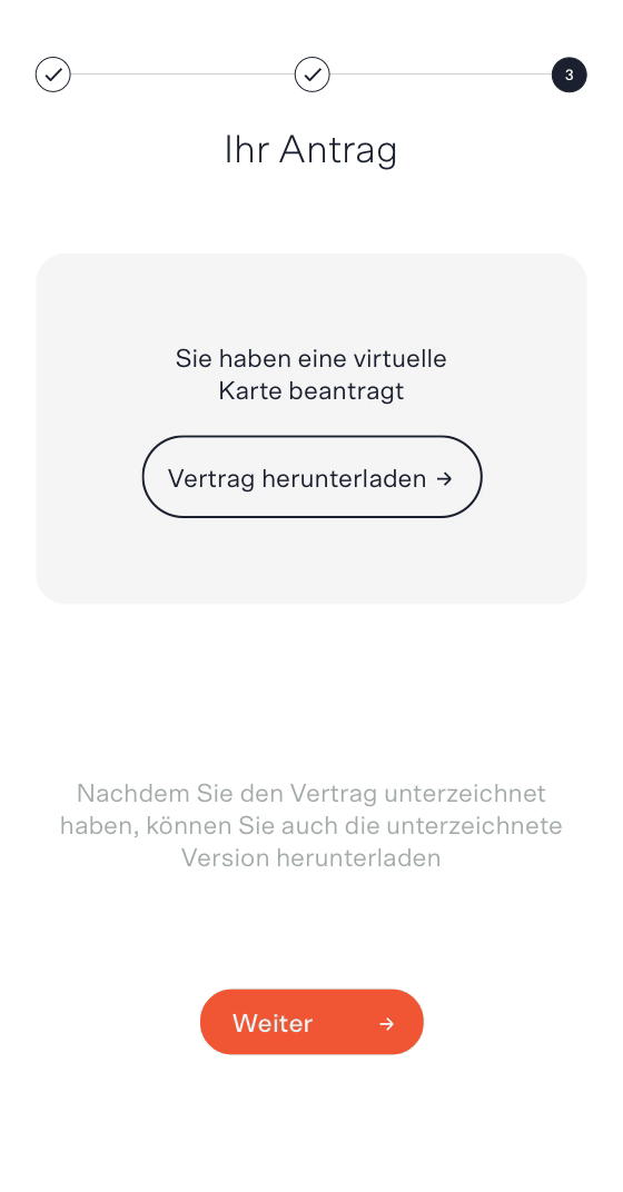 Ein Bildschirm zeigt den Vertrag einer Anwendung an und fordert den Nutzer auf, sie herunterzuladen und mit der Anmeldung fortzufahren.