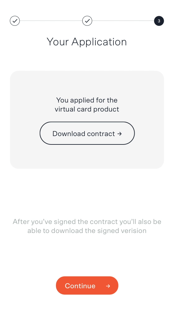 A screen shows an application's contract, prompting the user to download it and continue with the sign up process.