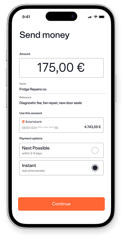 A digital mockup of a customer's "SEPA instant" screen, highlighting elements such as amount, account and send date.