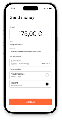 A digital mockup of a customer's "SEPA instant" screen, highlighting elements such as amount, account and send date.