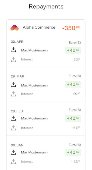 A mobile screenshot displays a list of fully repaid installments, each showing the payment date, amount, and interest paid.