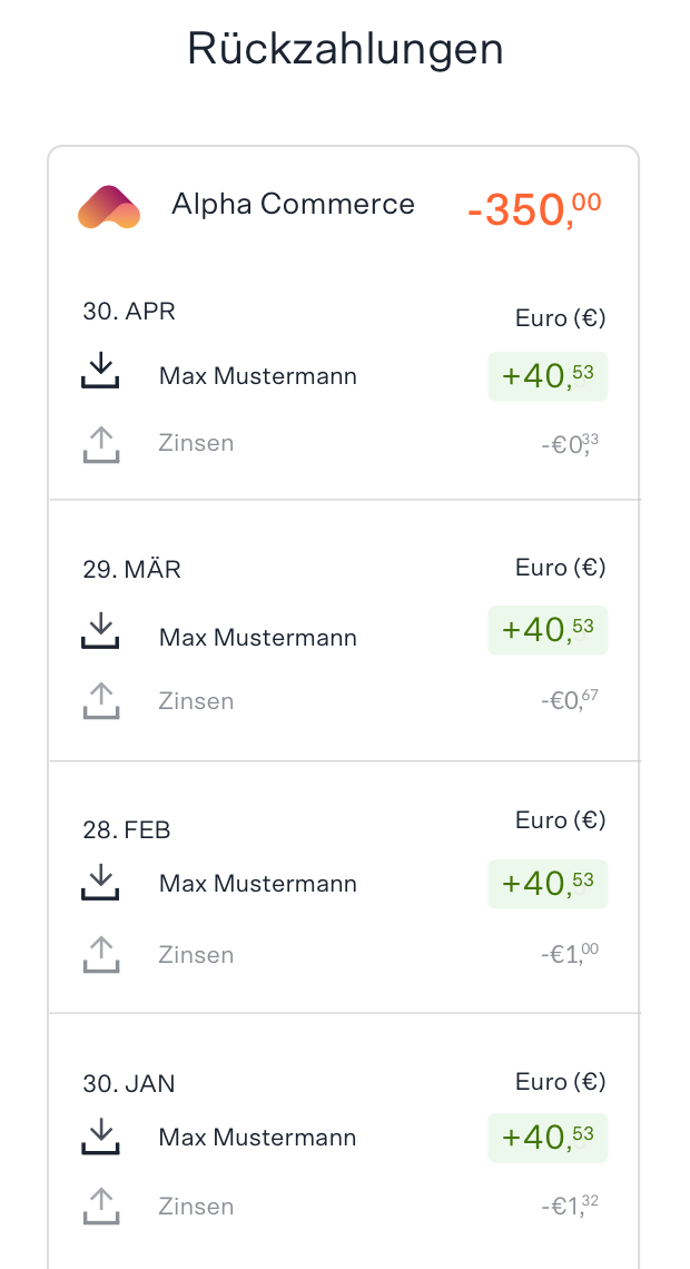 Ein mobiler Screenshot zeigt eine Liste der vollständig zurückgezahlten Raten an, die jeweils das Zahlungsdatum, den Betrag und die gezahlten Zinsen enthalten.