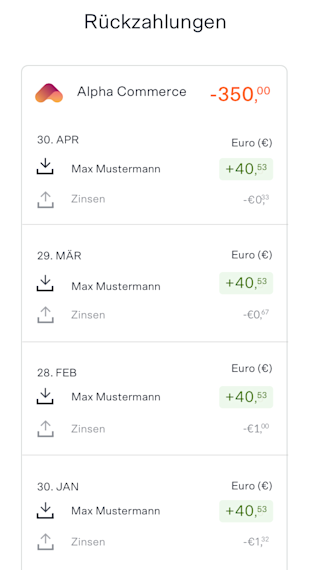 Ein mobiler Screenshot zeigt eine Liste der vollständig zurückgezahlten Raten an, die jeweils das Zahlungsdatum, den Betrag und die gezahlten Zinsen enthalten.