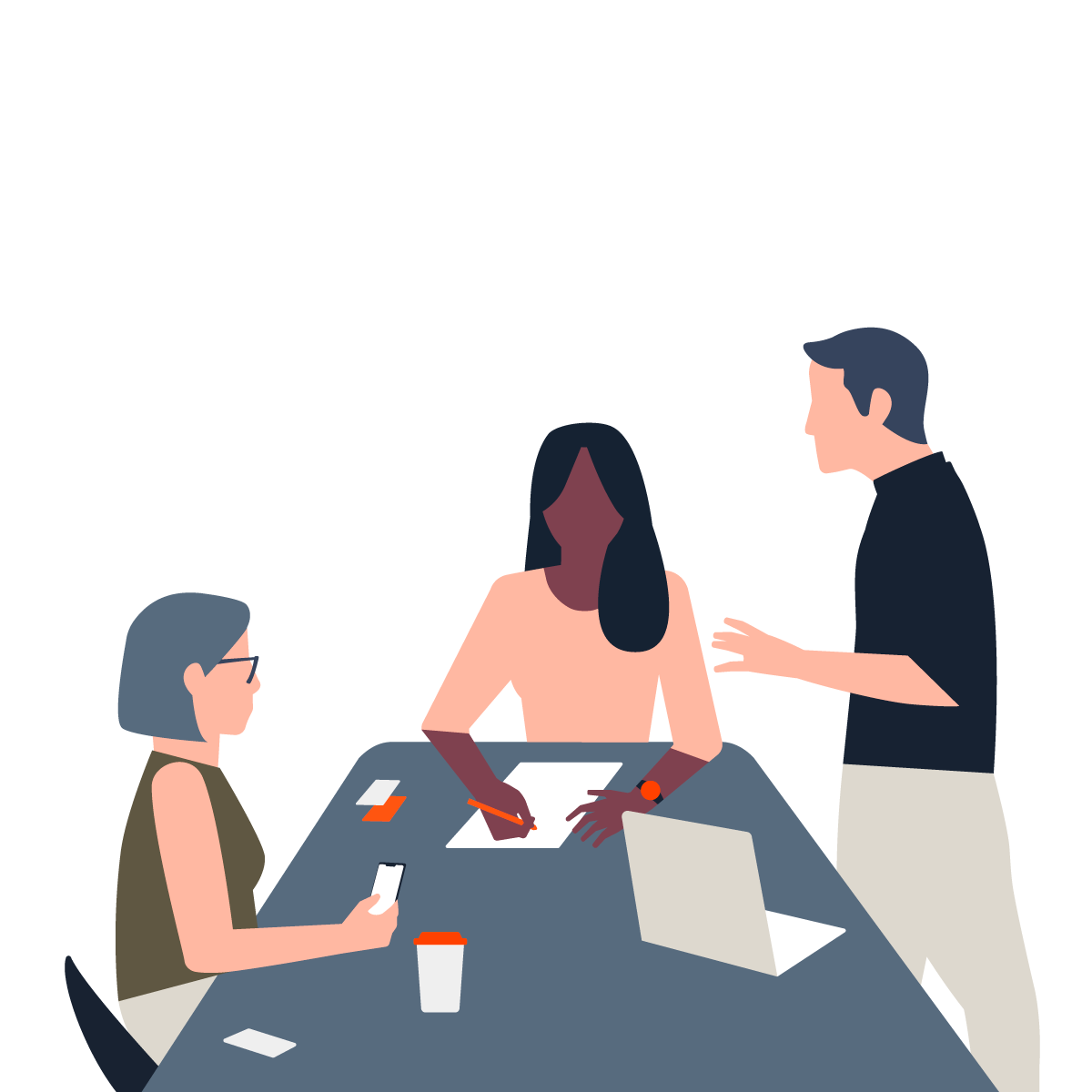 Setup of corporate professionals working on notebooks, phones and cards.