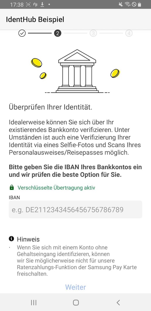 Ein mobiler Bildschirm fordert den Nutzer auf, seine IBAN-Daten einzugeben, um sich zu identifizieren.