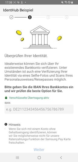 Ein mobiler Bildschirm fordert den Nutzer auf, seine IBAN-Daten einzugeben, um sich zu identifizieren.